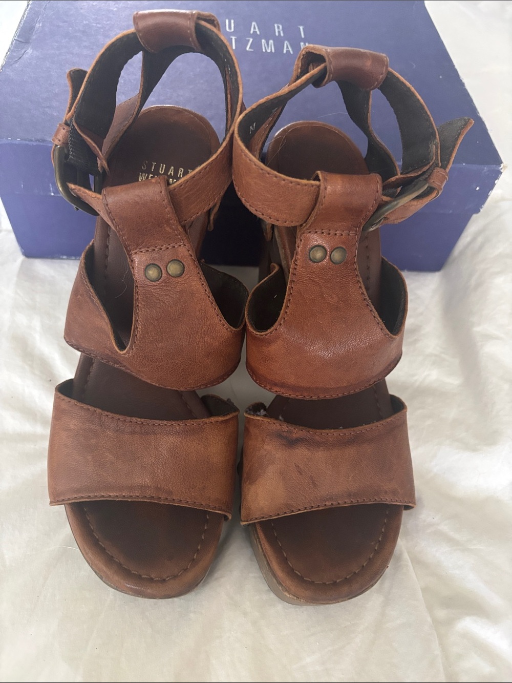 Stuart Weitzman Brown Leather Open-Toe Ankle-Strap Heels